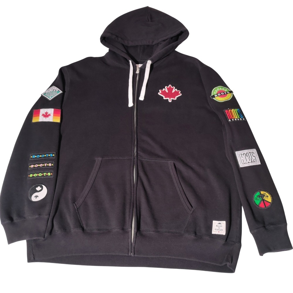 Roots Canada Mens XXL Multi Patch Graphic Full Zip Hoodie Black Maple Leaf